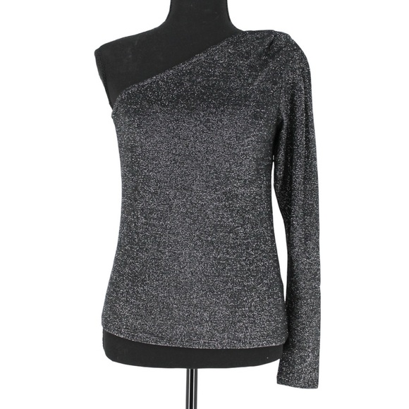 Ramy Brook Violeta One Shoulder Top Black Silver Metallic Nylon NWT XS - Picture 5 of 6